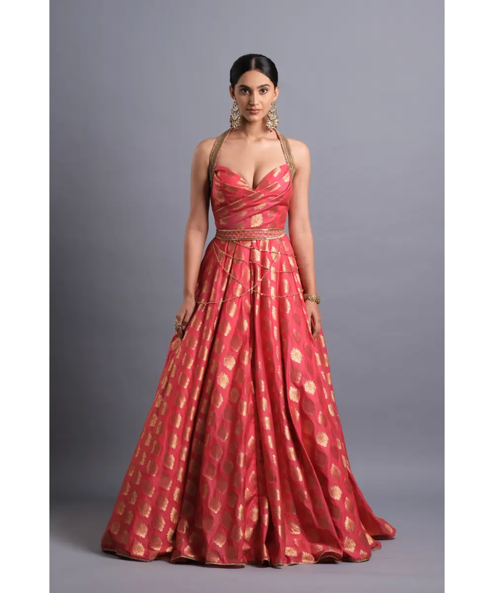 AASTHA SOOD - Crimson Halter Gown with Belt